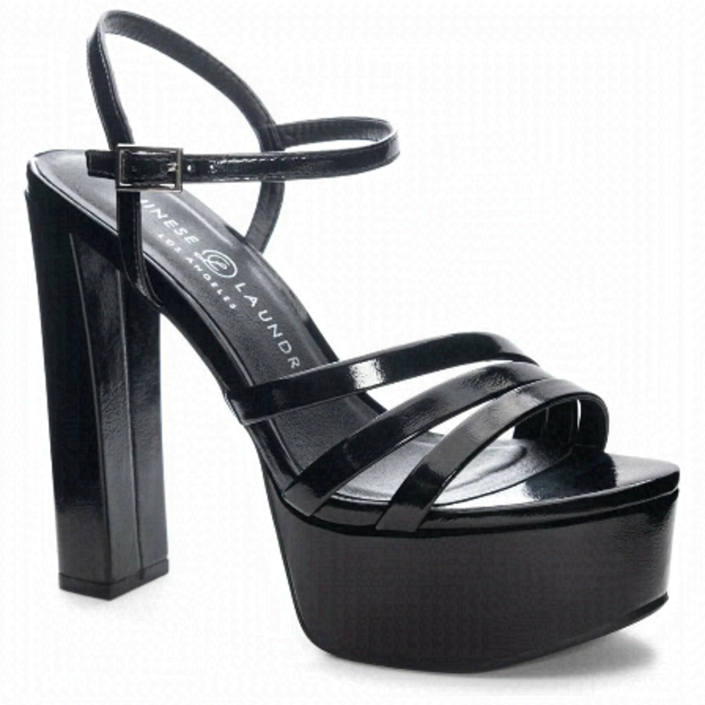 CHINESE Laundry New "Amella" Ankle Strap Black Platform Sandal Patent Heel
